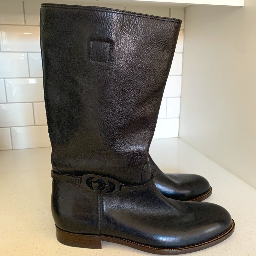 💝Gucci Black Leather Riding Style Boots 43 Men's